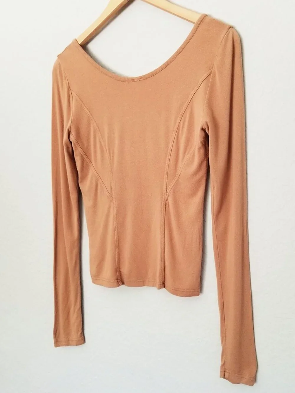 Free People Lace Coset Inset Sweetheart Long Sleeves Top M Camel Stretch Knit